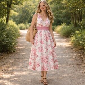 Vintage Sam TY Y2K Toile Linen Midi Dress White/Pink US Womens 10